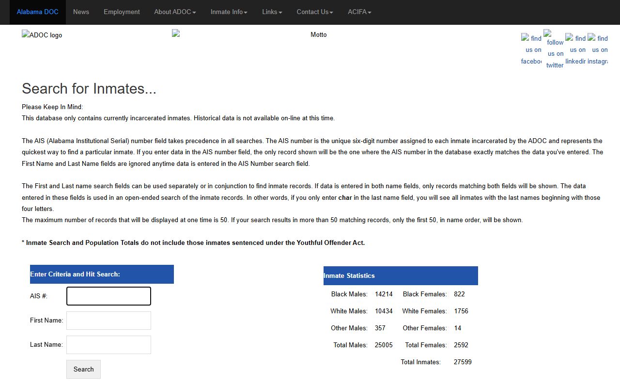 Alabama Department of Corrections inmate search page with AIS and name fields