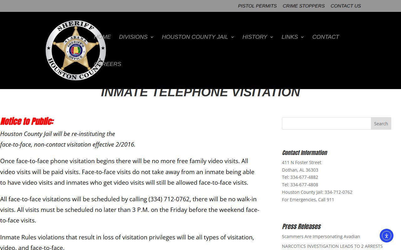 Houston County inmate population jail visitation and phone rules