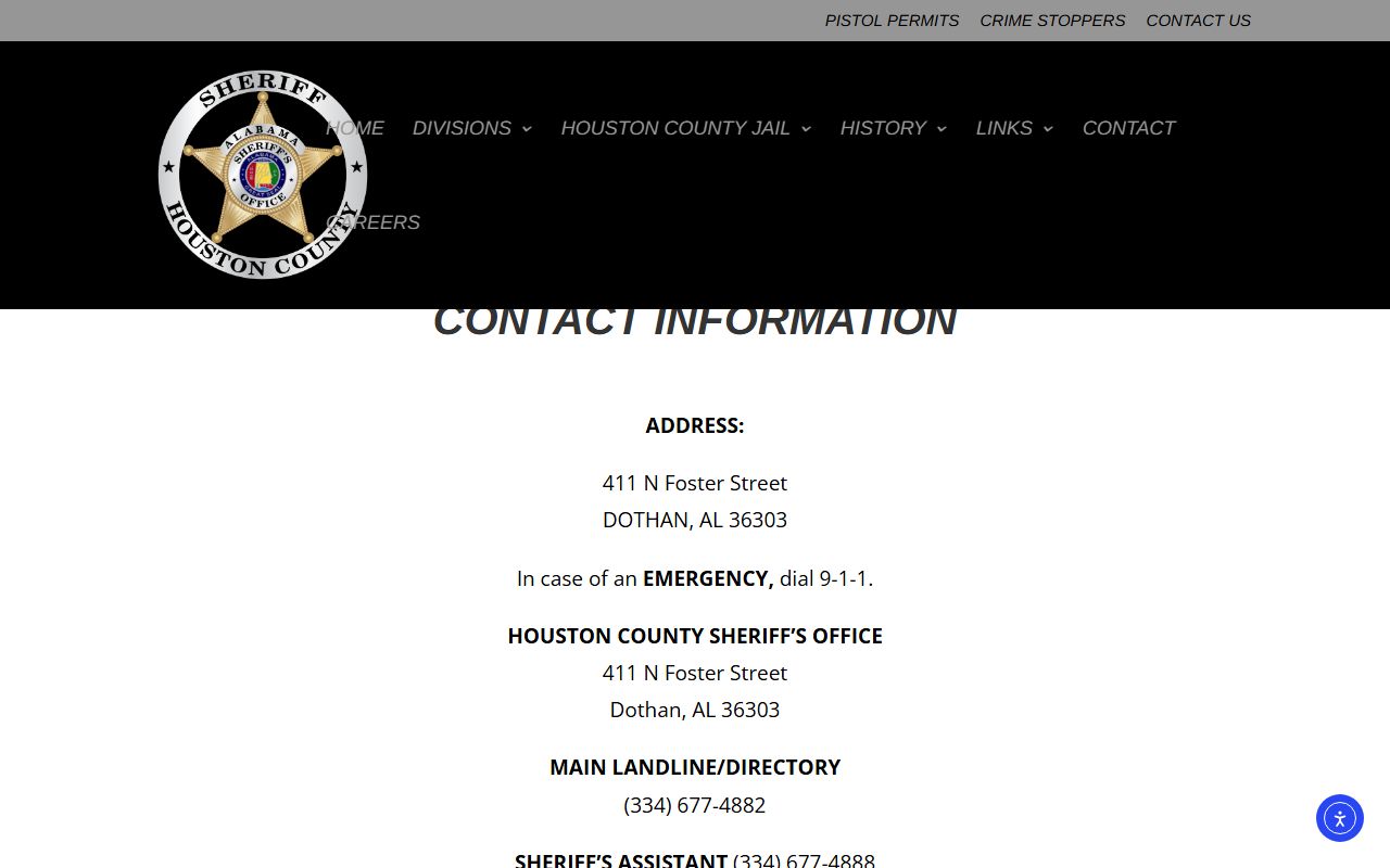 Houston County Sheriff's Office contact directory with jail and records phone lines