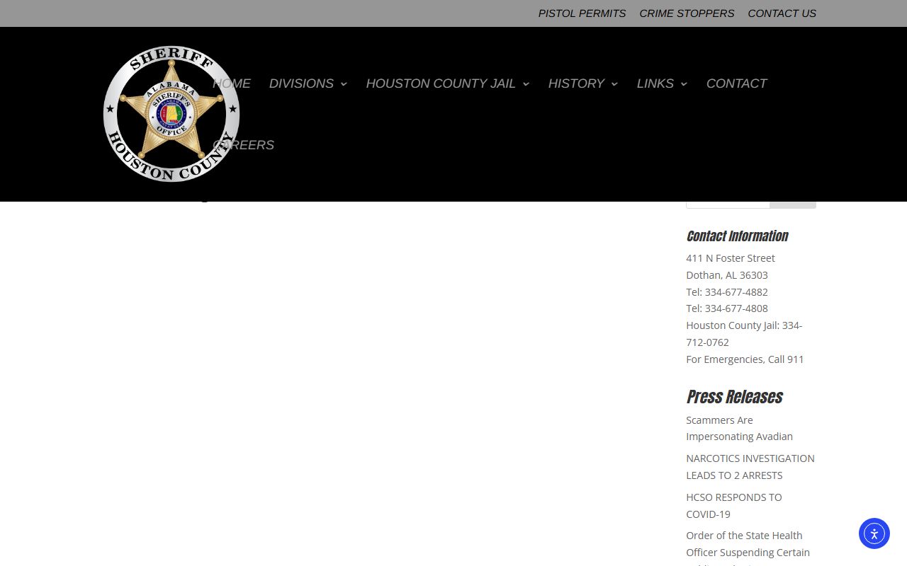 Houston County Sheriff's Office inmate listing page with jail menu links